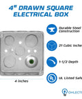 Front view of 4 inch square electrical box with knockouts and stainless steel finish, featuring specifications and safety icons