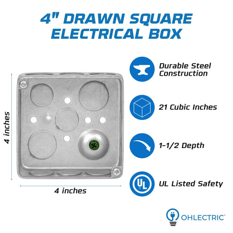 Front view of 4 inch square electrical box with knockouts and stainless steel finish, featuring specifications and safety icons