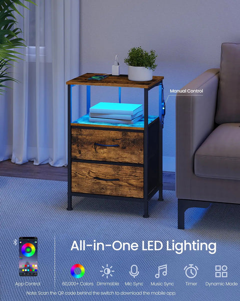 Solid Industrial Nightstand With Fast Charge Hub And Smart Led Dimmer Two Deep Drawers Plus Open Shelf Rustic Brown Black Frame next to a sofa.