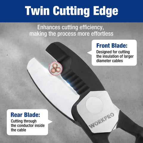 Knockout 8 Inch Cable Cutter With Twin Cutting Edge And Rock Solid Hrc65 Steel Blade For Butter Smooth Snips On Electrical Wire, showing front and rear blades.