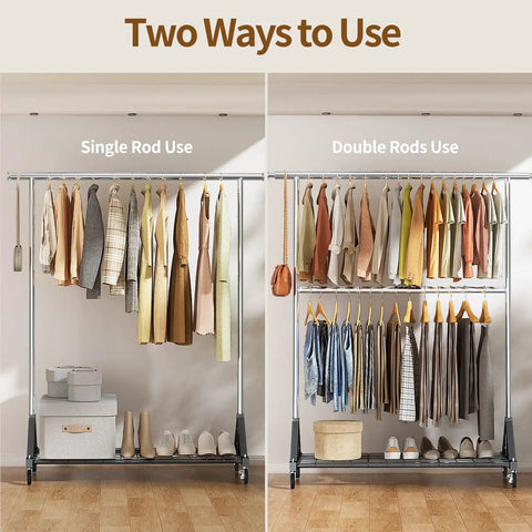 Rock Solid Heavy Duty Clothes Rack With Lockable Wheels And 600 Pound Load Capacity Rust Proof Metal Frame Rolling Wardrobe Stand For House Essentials