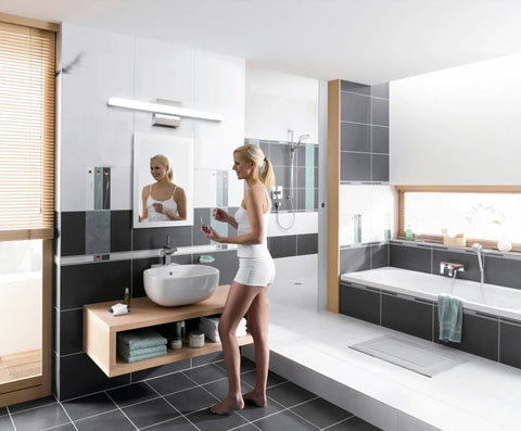 24 Inch LED Vanity Light Bar Over Mirror For Bathroom With Dope Chrome Finish, 14W, Cool White 6000K, IP44 Waterproof installed in modern bathroom