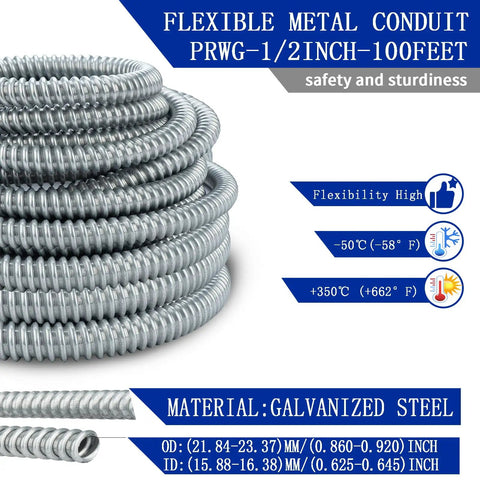 Dope Flexible Steel Electrical Conduit Kit Half Inch Diameter 100 Feet Long with temperature ratings and material details