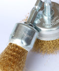 Close-up of Six Piece Brass Wire Wheel Brush Set for Drill With One Quarter Inch Shank Crimped Cup Brush, true brass wire