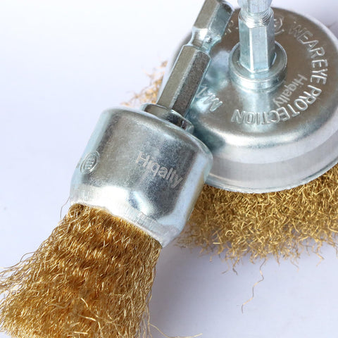 Close-up of Six Piece Brass Wire Wheel Brush Set for Drill With One Quarter Inch Shank Crimped Cup Brush, true brass wire