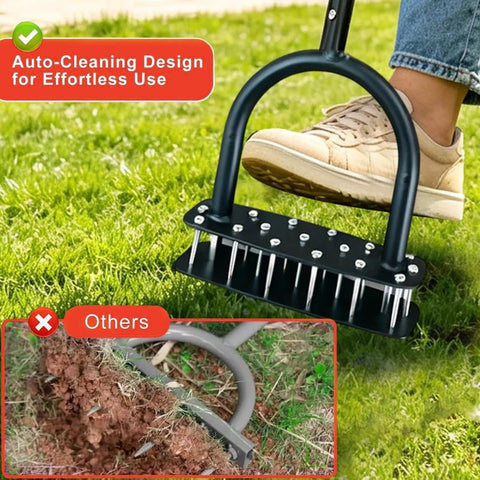 Manual Lawn Aerator Tool With T Handle And Stainless Steel Spikes For Deep Soil Loosening in Garden, shown in use on lawn.