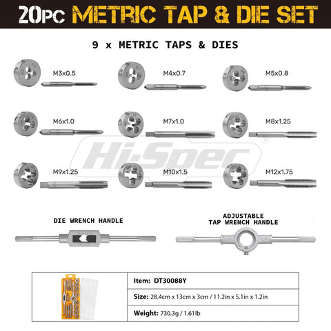 Complete 20 Piece Metric Tap And Die Set M3 To M12 For Thread Repair And Tapping Screw And Bolt Rethreading Tools With Wrenches