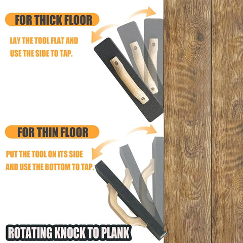 Demo of Heavy Duty Tapping Block For Wood Floor Installations, Mallet-Free And Safer, 2.7 Lb Weight, 15-1/2 Inch Length use on planks.