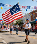 Man marching in parade with Double Sided 3 Ply 250th Anniversary American Flag 3 By 5 Feet Indoor Outdoor Patriotic Decor 1776 2026