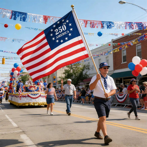 Man marching in parade with Double Sided 3 Ply 250th Anniversary American Flag 3 By 5 Feet Indoor Outdoor Patriotic Decor 1776 2026
