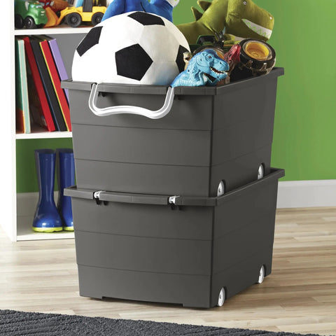 Smooth Rolling Storage Basket With Gray Plastic Mobile Organizer Bin featuring toys and a soccer ball, stacked with pivot wheels.