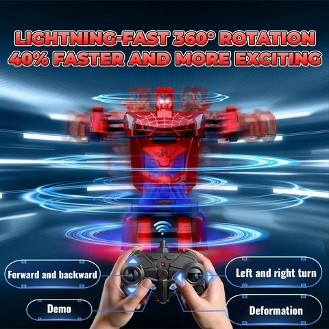 Transforming RC Car Toy With Eye Lights And Underbody Lights 2 4Ghz Remote demonstrating fast 360 degree rotation