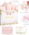 Roomy 13 Inch Baby Shower Gift Bag With Pink Tissue Paper Gift Card And Bow Featuring A Babysuit Banner Ready To Gift For Girl Baby