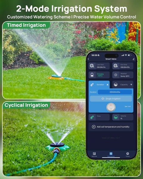 Solar Powered WiFi Sprinkler Timer With Rain Delay Manual And Automatic Modes, Alexa And Smart Life App Control alongside app screen