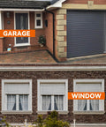 Exterior view of a residential garage with closed door and large windows with shutters.