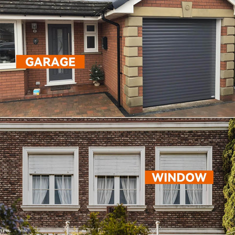 Exterior view of a residential garage with closed door and large windows with shutters.
