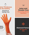 Heavy Duty 100 Count Orange Nitrile Gloves With Thick 8 Mil Industrial Build Featuring Rock Solid Grip And X Large Fit for puncture-free protection.
