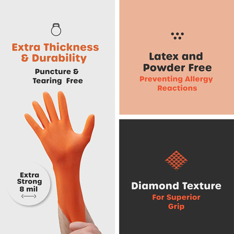 Heavy Duty 100 Count Orange Nitrile Gloves With Thick 8 Mil Industrial Build Featuring Rock Solid Grip And X Large Fit for puncture-free protection.