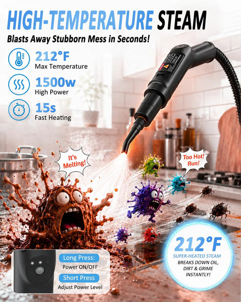 Image of 2-In-1 Steam Cleaner demonstrating high-temperature steam at 212°F blasting away dirt and grime instantly.