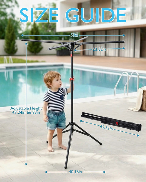 Outdoor Pool Towel Rack With Four Adjustable Arms Freestanding 51 To 71 Inches Height Foldable Drying Rack next to pool