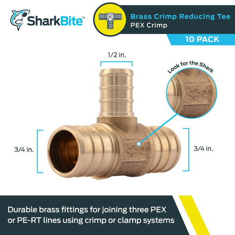 Brass Crimp Reducing Tee For PEX And PE-RT Pipe Systems, 3/4 In X 3/4 In X 1/2 In, Pack Of 10, close-up view with measurements.