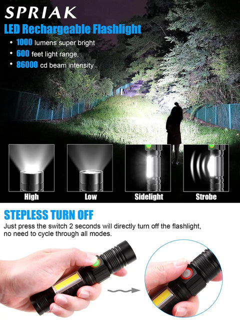 Magnetic Rechargeable LED Flashlight With Side COB Work Light Zoomable Tactical Beam 1000 Lumens USB Rechargeable Waterproof