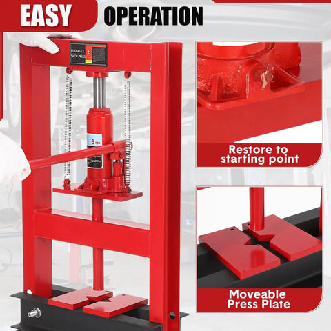 6 Ton Hydraulic Shop Press H Frame Garage Floor Press With Pressure Gauge showing adjustable pressure mechanism and moveable press plate.