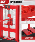 Close-up of Heavy Duty 6 Ton H Frame Hydraulic Shop Press With Adjustable Table, highlighting the hydraulic cylinder and press plate.