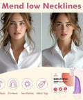 Before and after mending low necklines using Portable Handheld Clothing Mending Tool For Quick At Home Seam Repairs, 6 Needles, 2500 Black Fasteners And 2500 White Fasteners, Nearly Invisible Stitches For Uniforms Jeans And Delicates