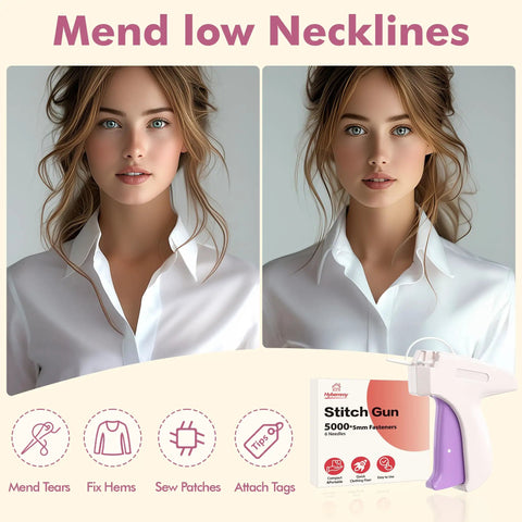 Before and after mending low necklines using Portable Handheld Clothing Mending Tool For Quick At Home Seam Repairs, 6 Needles, 2500 Black Fasteners And 2500 White Fasteners, Nearly Invisible Stitches For Uniforms Jeans And Delicates