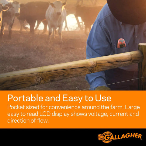 Pro Grade Fence Volt And Current Meter With Digital Display And Directional Arrows being used on a farm fence