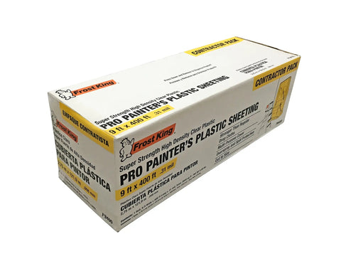 Beefed Up Ultra Heavy Duty Painter Plastic Sheeting box showing size 9' x 400', 0.31 mil thickness, clear, dispenser pack visible.