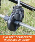 Close-up of enclosed gearbox on 85 Lb Heavy Duty Push Lawn Spreader Pro For Big Yard Coverage Up To 14,000 Sq Ft