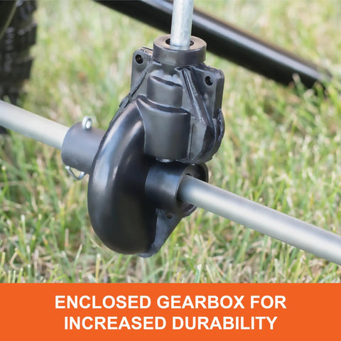 Close-up of enclosed gearbox on 85 Lb Heavy Duty Push Lawn Spreader Pro For Big Yard Coverage Up To 14,000 Sq Ft