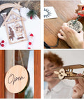 Four basswood crafts: hanging winter scene ornament, round 'Open' sign, wood-burned plaque, wooden airplane model.