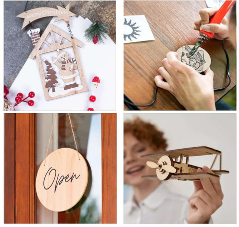 Four basswood crafts: hanging winter scene ornament, round 'Open' sign, wood-burned plaque, wooden airplane model.