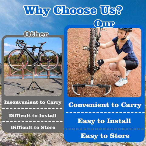 Comparison of clunky stand and 2 Pack Bike Repair Handlebar Stand Clip On Stabilizer For Mountain Bikes, woman fixing bike