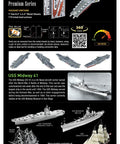Back packaging of Premium Series USS Midway Aircraft Carrier 3D Metal Model Kit For Adults DIY Ready No Glue Needed Easy Snap Assembly