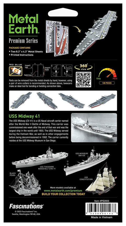 Back packaging of Premium Series USS Midway Aircraft Carrier 3D Metal Model Kit For Adults DIY Ready No Glue Needed Easy Snap Assembly