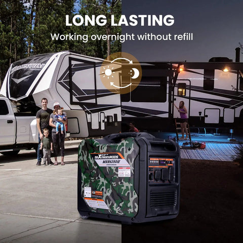 Powerful 5500W Inverter Generator Portable Gas Powered with Electric Start and Wheel Kit, EPA Compliant, RV ready at campsite