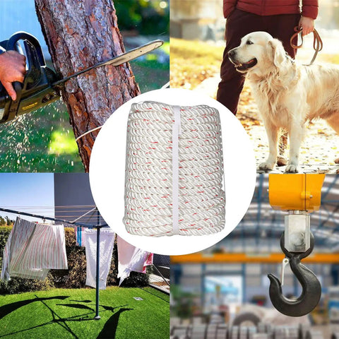 Collage with 5/8 Inch By 150 Ft Double Braid Polyester Rope For Arborist And Sailboat Use, tree cutting, dog, laundry line, and crane hook