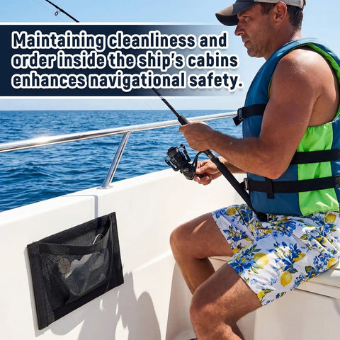 Person fishing on a boat with Four Pack 10 By 7 Boat Mesh Storage Bags With Self Adhesive Backing Tear Resistant And Waterproof installed.