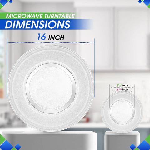 16 Inch Microwave Glass Turntable Replacement Plate Fits WB49X10189 GE Microwave shown with dimensions for even cooking.
