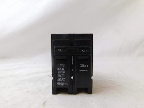 Front view of Two-Pole 120 to 240V 90A Plug-In Circuit Breaker for Home Panel BR290, shows breaker labels and switch