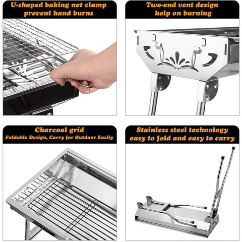 Portable Stainless Steel Charcoal Grill Folding kit showing U-shaped clamp, vent, charcoal grid, and foldable design features.