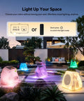 Outdoor Rock Speaker Duo With 60W Deep Bass For Killer Backyard Vibes in garden, LED lit, showing remote control features.