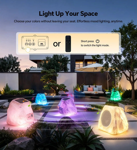 Outdoor Rock Speaker Duo With 60W Deep Bass For Killer Backyard Vibes in garden, LED lit, showing remote control features.