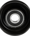 Gates 38006 Drive Align belt drive idler pulley, front view; black pulley with silver bearing