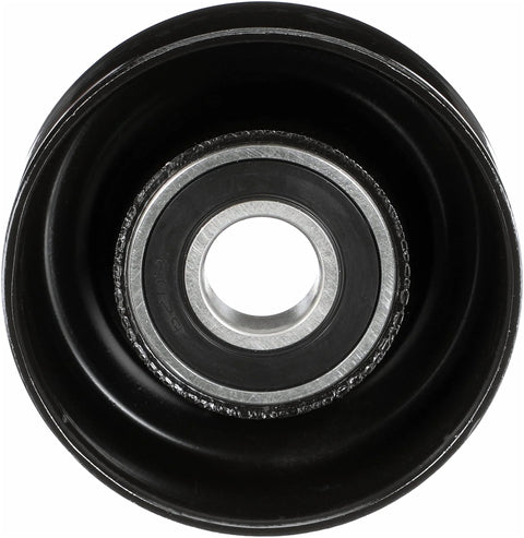 Gates 38006 Drive Align belt drive idler pulley, front view; black pulley with silver bearing