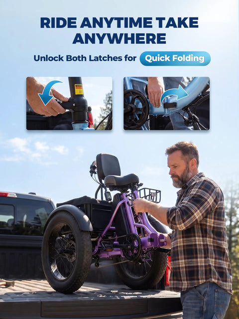 Three Wheel Electric Trike For Adults With Fat 20 By 4 Inch Tires 1200W Peak Motor 998Wh Battery Butterfly Handlebar Backrest Seat Storage Bag Go To Ride For Seniors Commuting And Shopping Purple folding onto truck bed